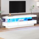 NALOOKAMIC Meuble TV Blanc Brillant Moderne avec Eclairage LED, 3 Compartiments en Verre, Armoire TV Bas, 160x38x50cm