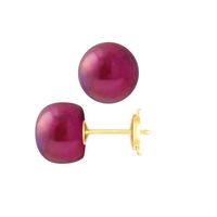 PERLINEA - Boucles d'Oreilles - Véritables Perles de Culture d'Eau Douce Boutons 9-10 mm Rouge Cerise - Or Jaune - Bijoux Femme