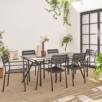 Table de jardin plateau effet bois structure acier 180 cm avec 6 chaises en acier incluses 