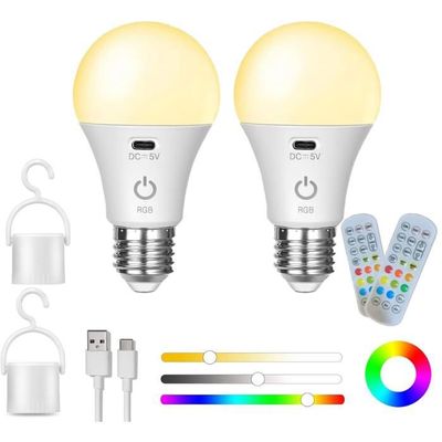 USB C Batterie Ampoule Rechargeable Avec Télécommande -E27 Ampoule Intelligente RGB -3 Températures de Couleur - 2000mAh -5W - 2Pcs - Bricolage