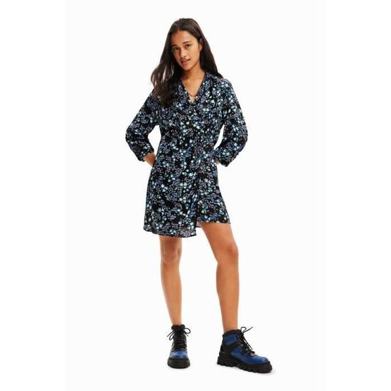 Robe portefeuille courte croisée fleurs femme Desigual Noir/bleu