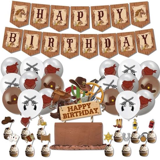 Déco Fête Cow-boy - Kit Complet Anniversaire Western : Bannière, Ballons, Nappe, Centres De Table, Toppers Cupcakes