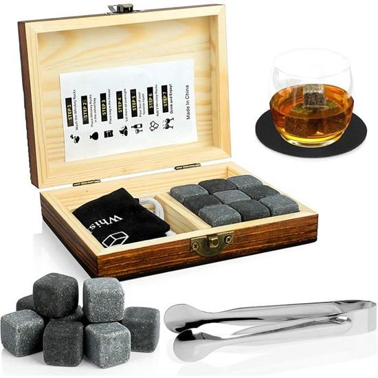 Coffret Cadeau Pierres à Whisky En Granit - 9 Pierres De Refroidissement, Pince Et Pochette, Idéal Pour Amateurs De Single Malt