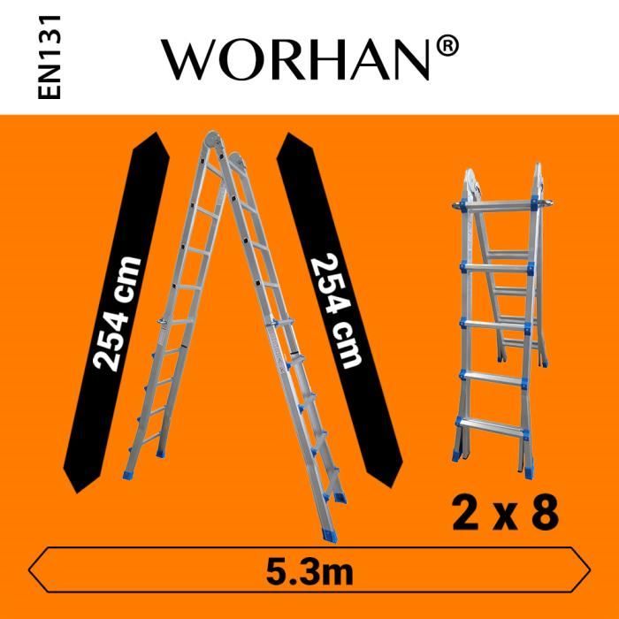 WORHAN® Echelle 530cm Aluminium Telescopique 5.3m A Forme Pliable Polyvalente Escabeau Robuste L5