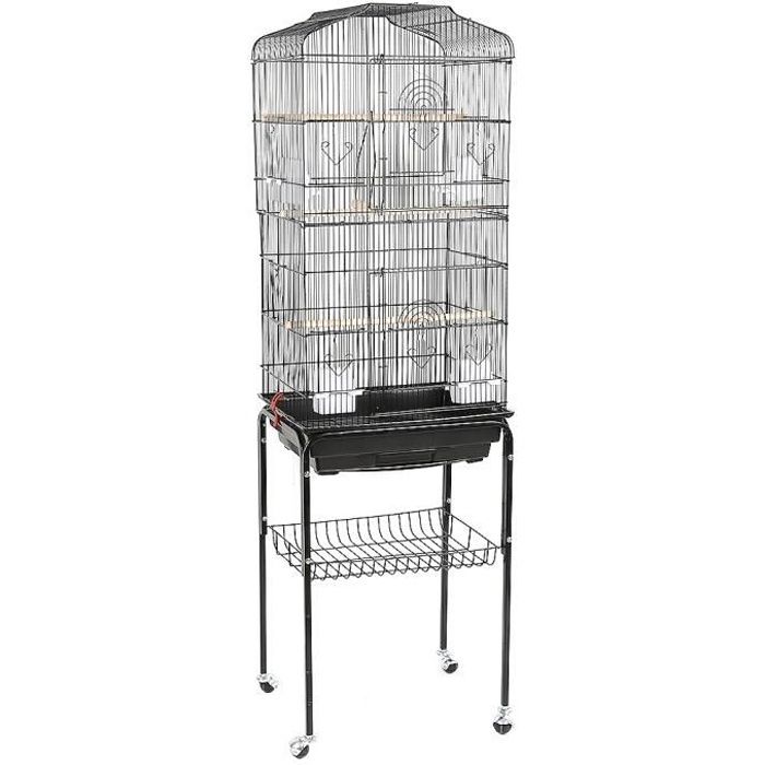 Grande Volière Portable Cage à Roulettes Canaries Perroquet Perruches Canaris avec 4 mangeoires, 3 perchoirs, pour Oiseaux