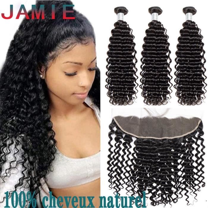 3 Tissage Brésilien Deep Curly + 13*4 lace closure 7A cheveux naturels humain-18-20-22-+16-