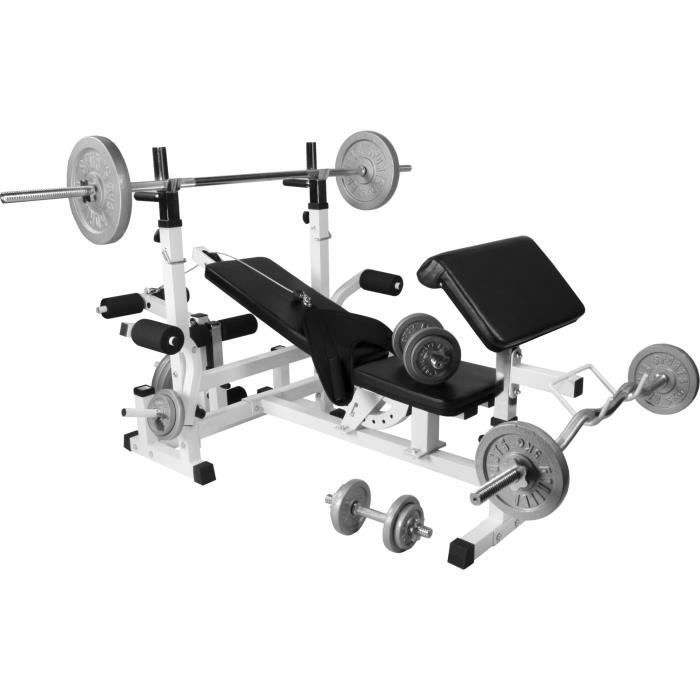 Banc de musculation universel Blanc GS005 avec supports et set d'haltères en fonte de 105,5 KG