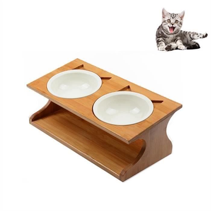PETACC céramique Gamelle écologique vaisselle Chien pratique Feeder Chat avec 2 Écuelles et 1 Porte en bois