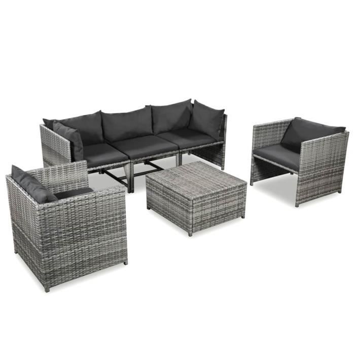 Salon de jardin 6 pcs en Résine Tressée - 2 canapé d'angle 1 Canapé Central 2 Fauteuil 1 Table Basse 7 Oreiller - Gris