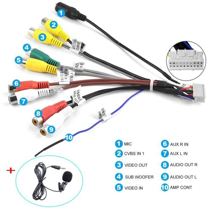 Pièces Auto,Podofo adaptateur micro externe pour autoradio Android, accessoires fil de sortie RCA, câble - Type RCA and MIC cable