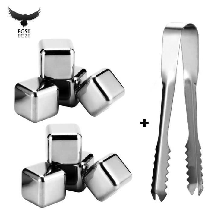 EGSII 8pcs Glaçons Cube en Acier Inoxydable avec Pince Ecofriendly et Réutilisables pour Cocktails Vodka Bière Argent