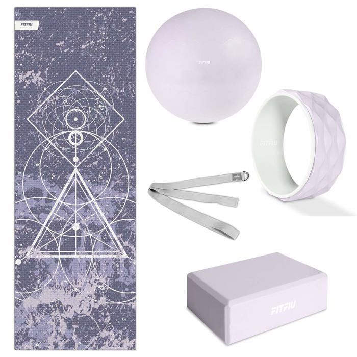 Kit 5 accessoires de yoga KITWELL-500 VIOLET, tapis, bloc, fitball, sangle d'exercice, wheel - FITFIU Fitness