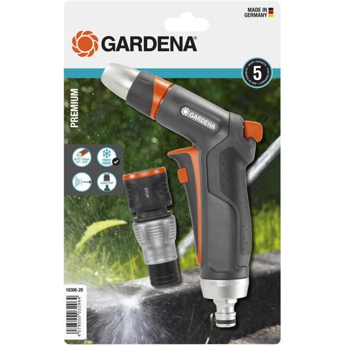 Pistolet de nettoyage + raccord aquastop premium –Protection anti-gel –Original GARDENA System–Kit complet–Garantie 5ans