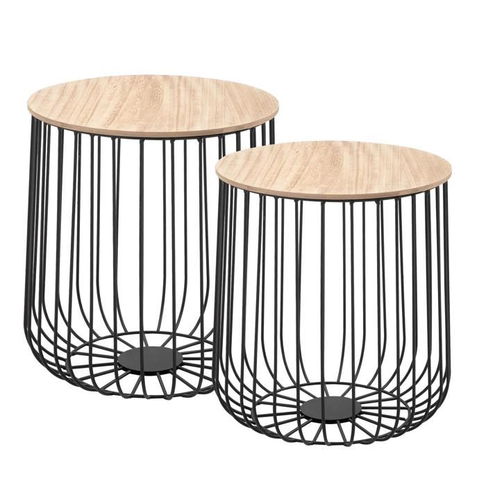 Lot de 2 tables d'appoint ERRANO paniers en métal tables à café tables basses rondes bouts de canapé vintage décor bois naturel