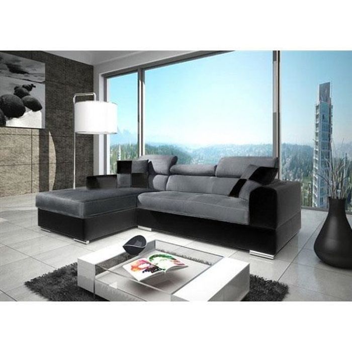 Canapé angle NETO microfibre gris simili cuir noir