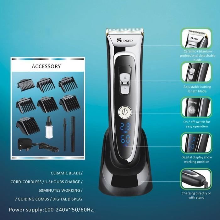 SURKER Tondeuse Cheveux Tondeuse Barbe Electrique Sans Fil Rechargeable Avec 6 Peignes Pour Enfants Adultes Personnes Agées Salon Pr