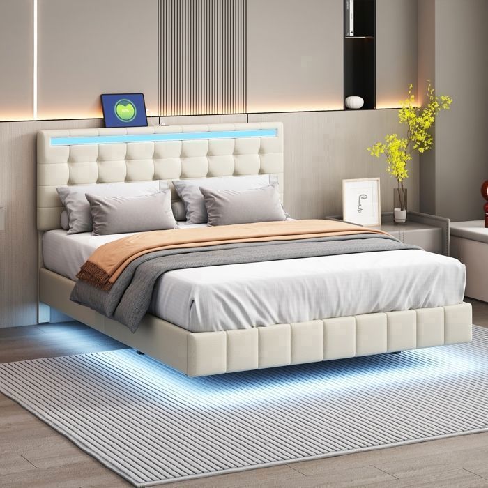 Lit Double 140x200 Cm Avec LED Et Tiroirs - Sommier Intégré, Tête De Lit Rembourrée - Gris - Pour Chambre Adulte