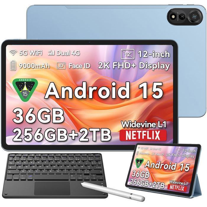 Blackview MEGA2 Tablette Tactile 11.97 Android 15 2.4G+5GHz Wifi RAM 36 Go ROM 256 Go/SD 2 To 9000mAh Bleu Avec Clavier K1