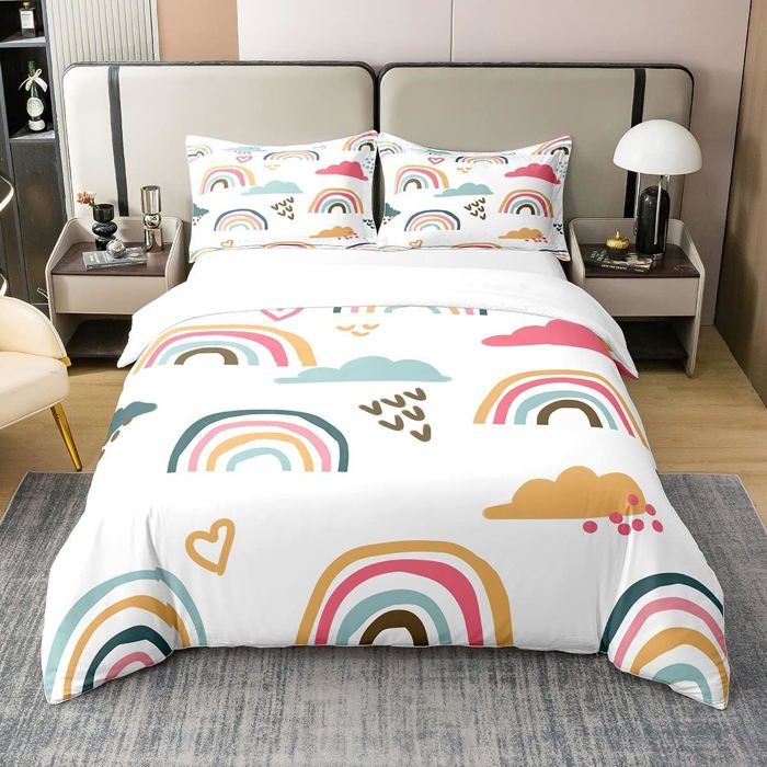 Housse de Couette Arc-en-Ciel 140x200 pour Enfants Ensemble de Literie Arc-en-Ciel Coloré Filles Parure de Lit Soleil et Étoiles