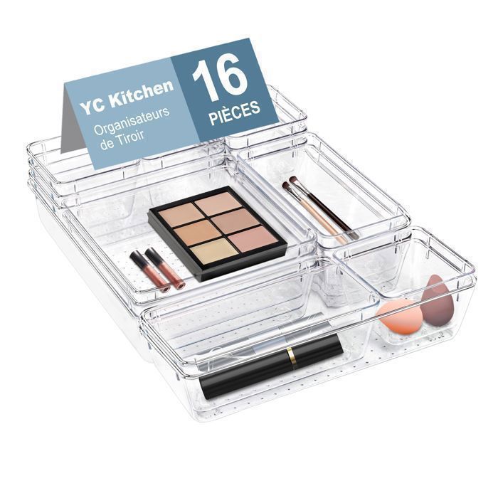 YC Kitchen Lot de 16 Organisateurs de Tiroir 5 Tailles pour La Cuisine La Coiffeuse et Le Bureau Rangement Tiroir en Plastique