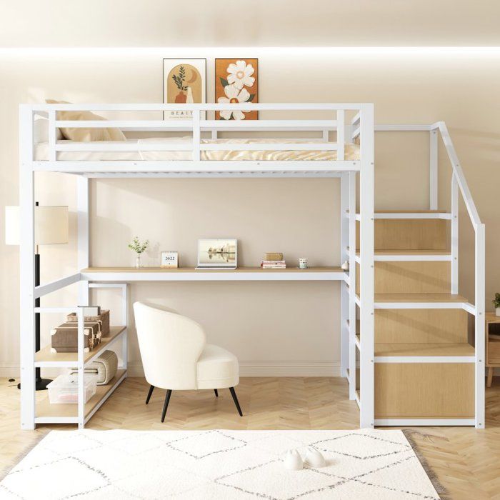 Lit mezzanine - LANGTU - 140x200 - Échelle sécurisée - Étagères & table intégrées - Barrière bois épissé