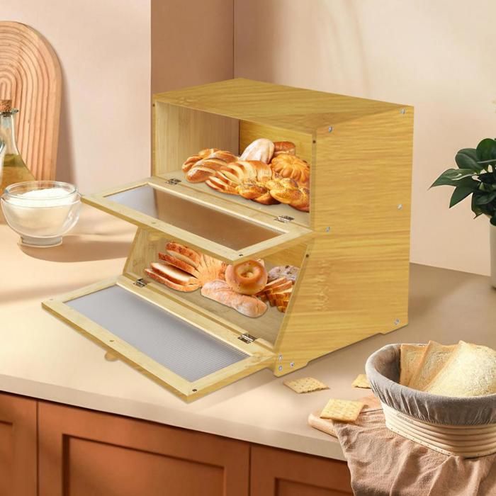 SUPFINE 2 étages de boîtes à pain en bois 40*20*33cm Capacité de poids 10 kg Rangement pour le pain avec porte