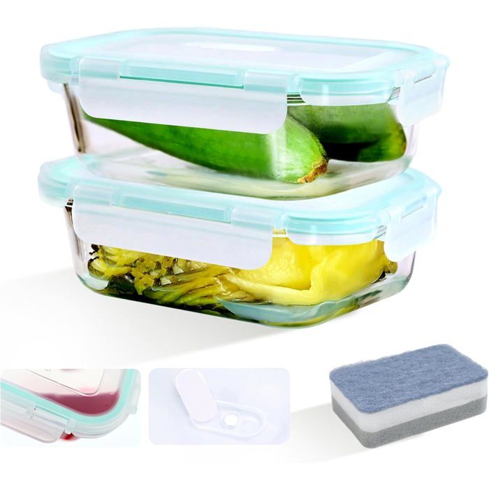 2 Pièces 640ml Boite de Conservation Alimentaire Rectangles en Verre avec Couvercles Sans BPA