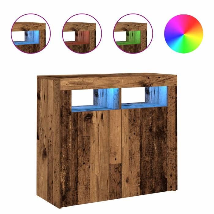 Buffet CLOUD commode meuble de rangement et lumières LED vieux bois 80x35x75 cm bois dingénierie J1494