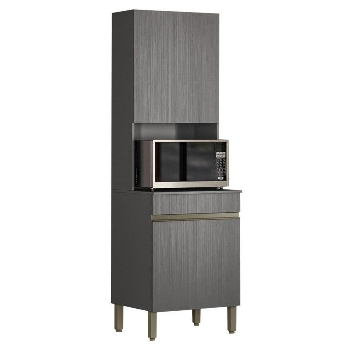 Colonne de cuisine micro-ondes grise 2 portes 5 niches L60 x P53.5 x H193 cm - pieds réglables portes réversibles