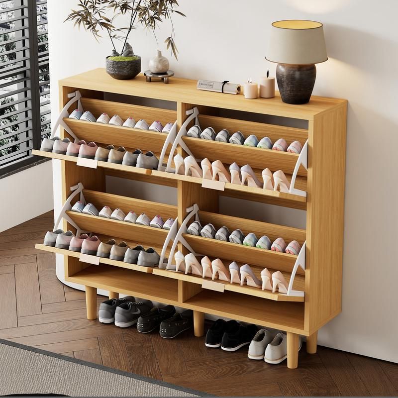 Meuble à chaussures - 16 paires - Double compartiment - 4 portes en rotin - Style scandinave