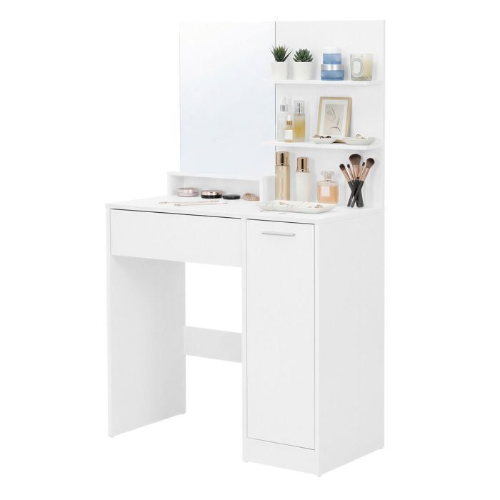 VASAGLE Coiffeuse avec Miroir Compartiment avec 2 Étagères Réglables 1 Tiroir 2 Étagères Coin Beauté Blanc