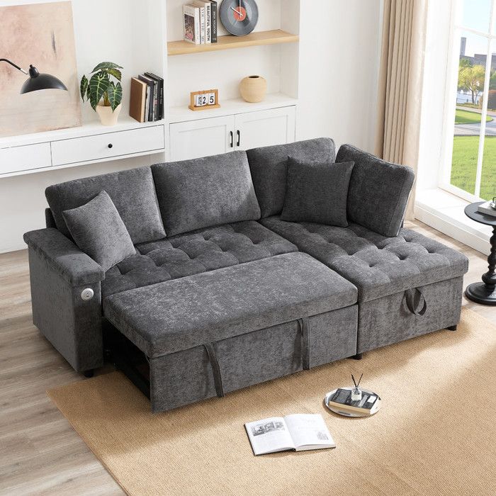 Canapé en L avec lit gigogne - Rangement - Chargeur USB - 2 oreillers - Gris
