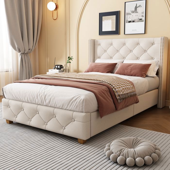 Lit Simple - MERAX - 90x200 cm - Lin Beige - Tête de lit capitonnée - Sommier à lattes inclus Lit Simple - MERAX - 90x200 cm - Lin Beige - Tête de lit capitonnée - Sommier à lattes inclus