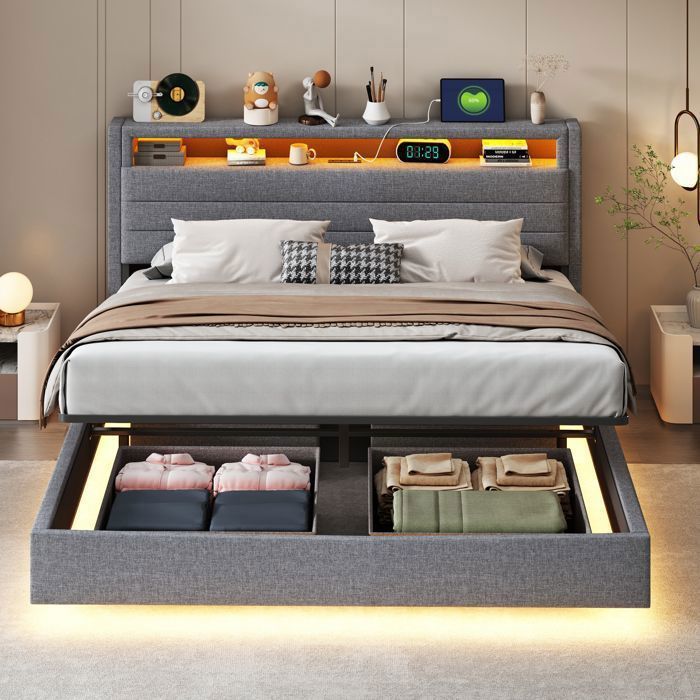Lit Coffre Rembourré 160 x 200 cm avec Ports USB Lit double avec Eclairage LED Tête de Lit avec Rangement Lin Gris