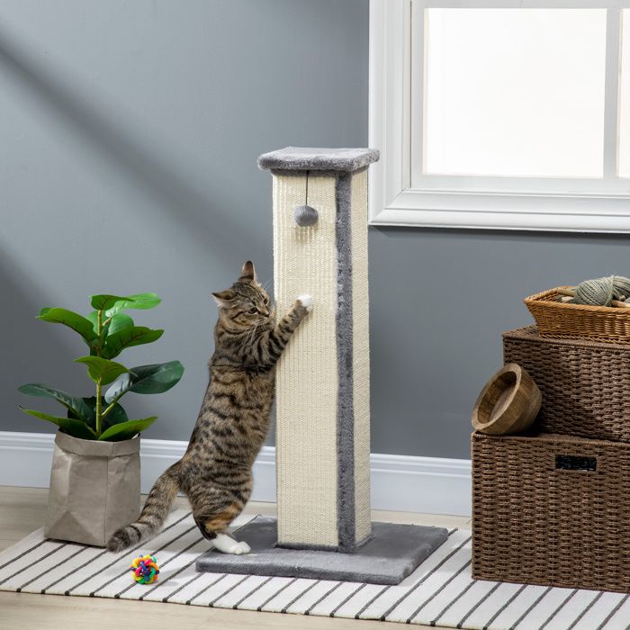 Griffoir pour chat poteau griffoir chat en sisal et peluche boule suspendue base stable 41 x 41 x 81 cm gris et crème