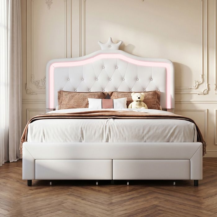 Lit double 140x190 cm - LUMINARIX - Lit princesse - LED intégrée - 2 tiroirs - Blanc