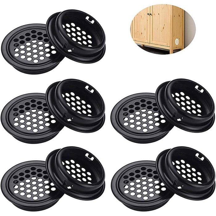 10 grilles de ventilation rondes noires pour armoire et placard cuisine