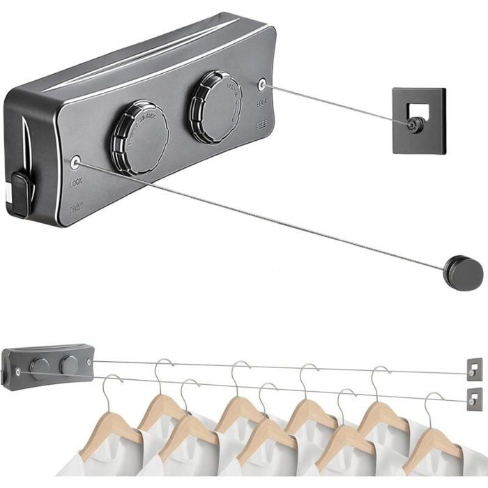 DRE-Corde à Linge Rétractable pour Intérieur et Extérieur 2 x 5.1M Acier Inoxydable Fil a Linge Retractable Étendoir à Linge