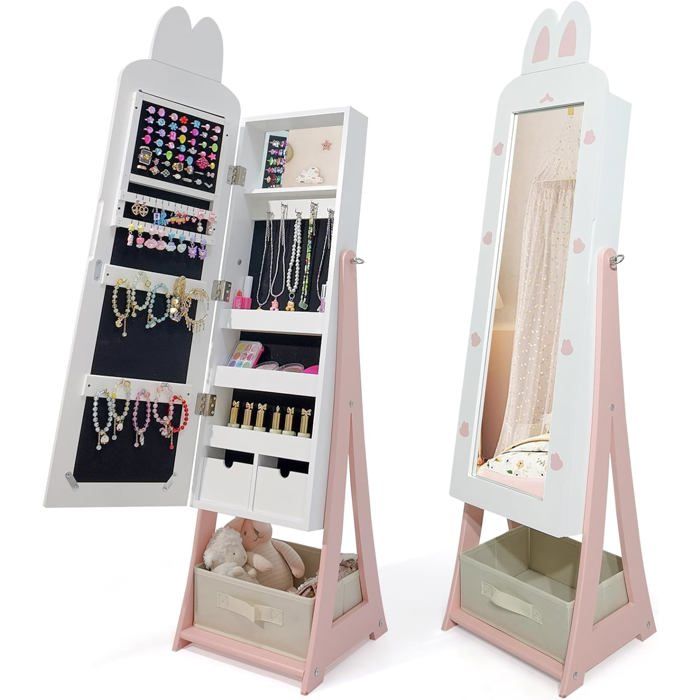Armoire à Bijoux pour enfants avec Miroir Tiroir Crochets boîte de rangement Blanc