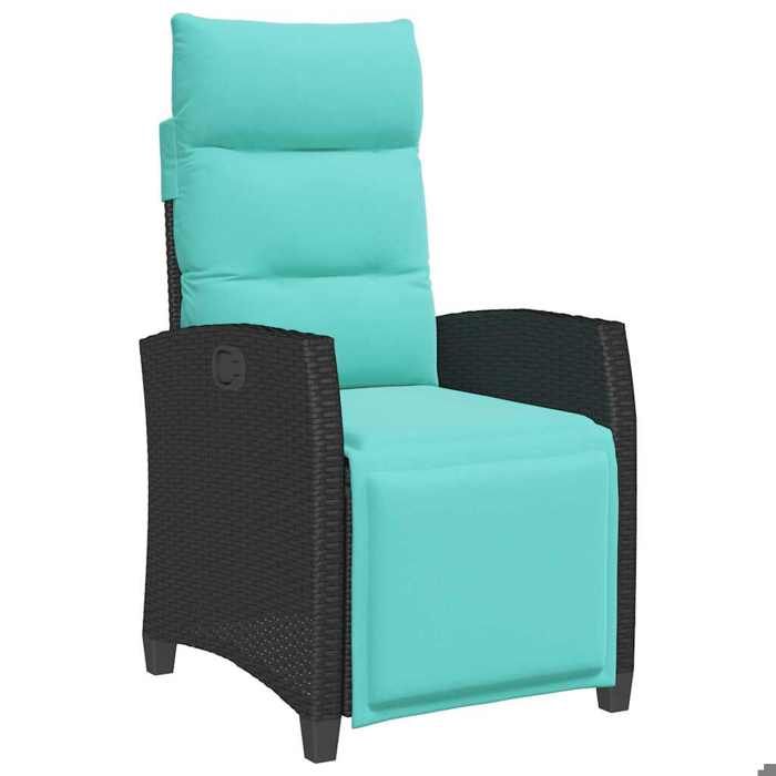 Chaise de jardin inclinable - vidaxl - Polyrotin - Noir - 65x58x94 cm - Table dappoint 30x25 cm - Coussin turquoise