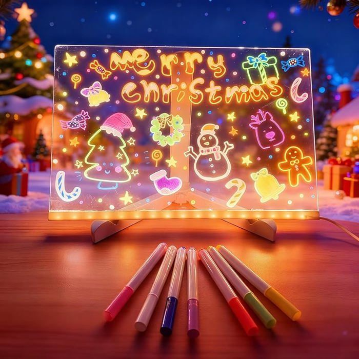MQFORU Tableau à dessin LED 35 x 25 cm Tableau à dessin avec 8 couleurs 6 modes acrylique avec 14 crayons et support transparent, cadeau créatif pour la maison, le bureau