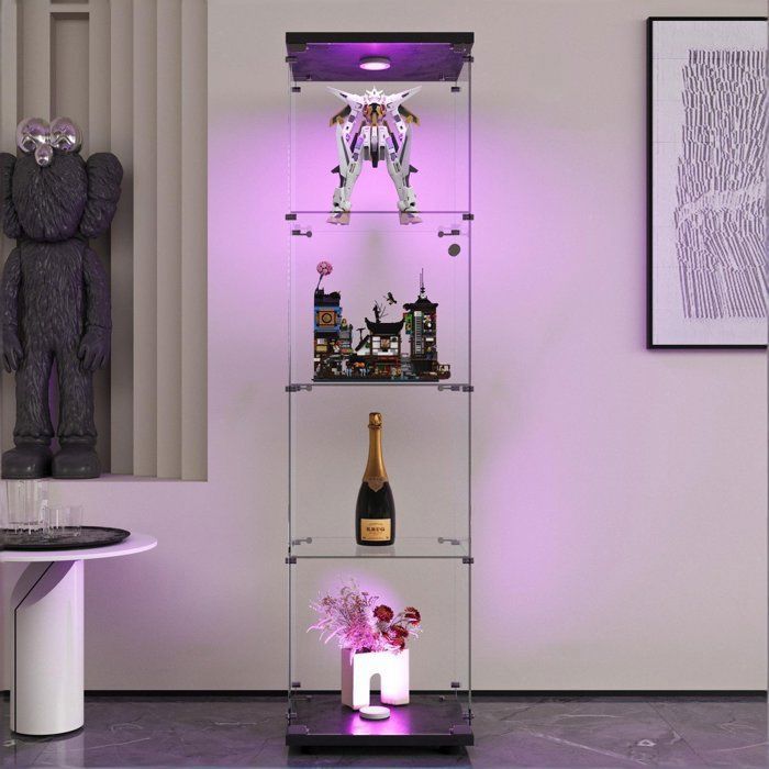 Vitrine en VerreVitrine Armoire pour Collection avec PortesLED-1 porte-4 étages-Verre Trempé-pour Salon/Chambre-42×36×164 cm-Noir