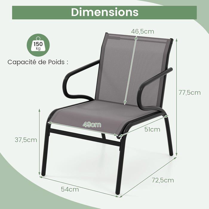 GIANTEX 2 Chaises de Jardin avec Dossier Haut et Accoudoirs Chaises Empilables avec Tissu Respirant et Structure Métallique Gris GIANTEX 2 Chaises de Jardin avec Dossier Haut et Accoudoirs Chaises Empilables avec Tissu Respirant et Structure Métallique Gris