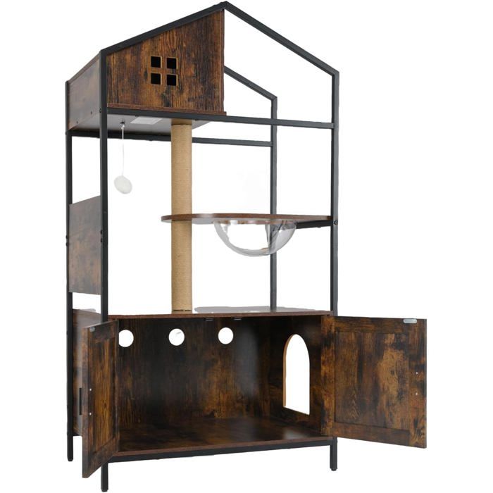 Comparer les prix de GIANTEX Arbre A Chats Adultes avec Armoire Litière pour Chats Tapis et Poteaux Griffoirs Structure Métallique 80 x 48 x 150 cm