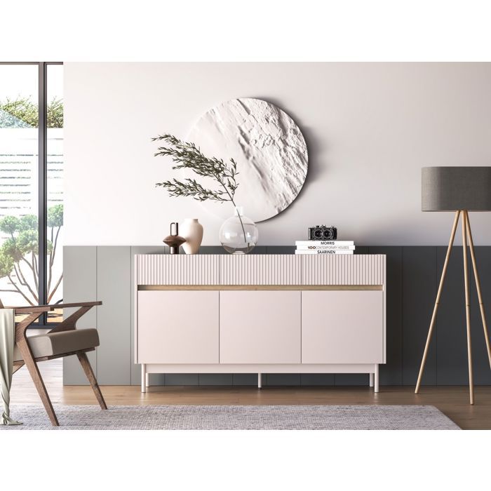 Buffet 3 portes avec 3 tiroirs – DUNEA – Gris cachemire/aspect chêne – 154 cm