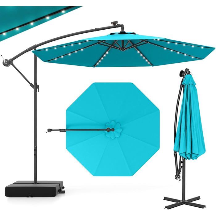 GIANTEX Parasol de Jardin Extérieur avec Pied - 3x3M - 40 Lampes Solaires - Inclinable - Manivelle - 8 Baleines - UPF50+ Turquoise