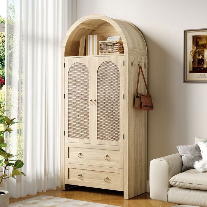 Buffet en osier de style voûté 80x40x180 cm double tiroir buffet vintage pour salon et chambre meuble de rangement naturel