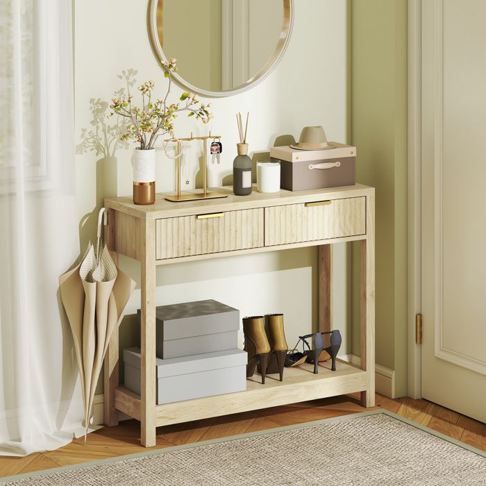 Console meuble 90 cm table console étroite avec 2 tiroirs rainurés et étagère style moderne bois naturel