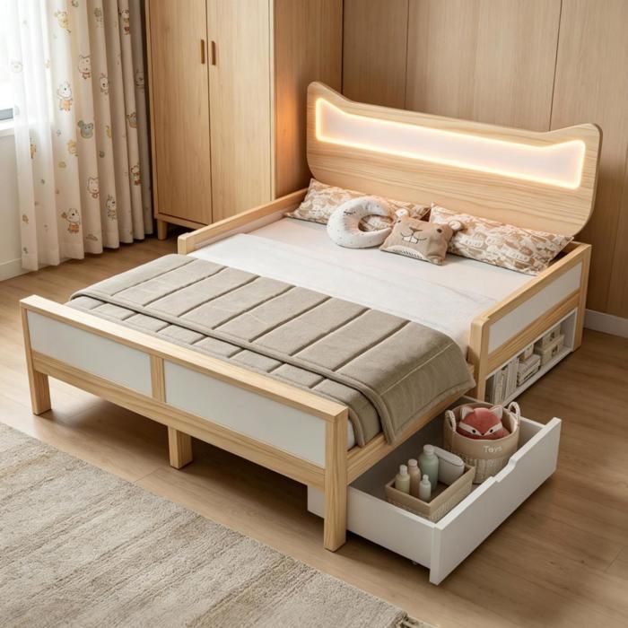 HOMVRA Lit double 140x200 cm lit enfant avec LED et rangements sommier inclus bois blanc et chêne sans matelas