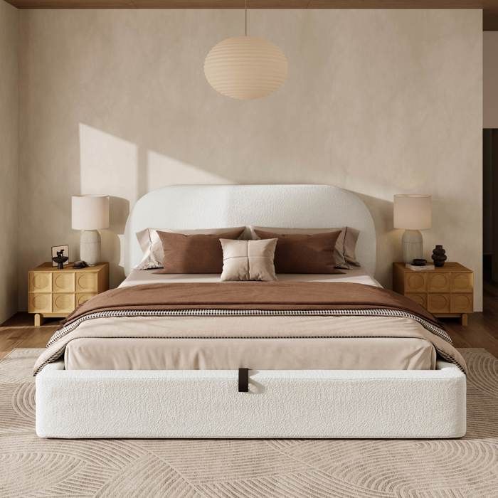 Lit coffre hydraulique - LEMONBEST - 180 x 200 cm - Bouclé beige - Tête capitonnée 135 cm - Sommier à lattes